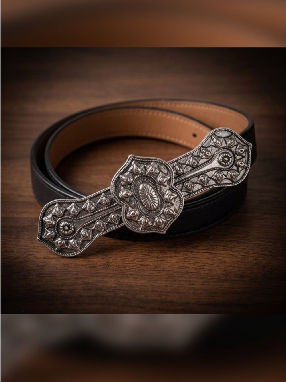 Vintage Kudos Black LeatherBelt with Silver Scrollwork Buckle